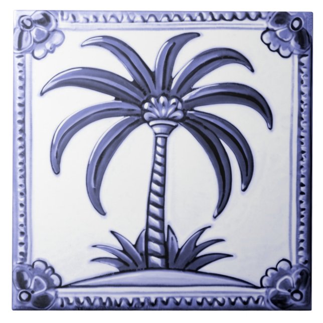 Azulejo Playa de Oriente Medio blanca y azul palmera (Frente)