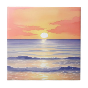 Azulejo Playa en Sunset Ocean Wave Watercolor Painting