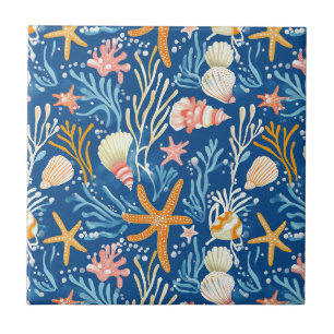 Azulejo Playa Retro Concha Naranja Rosa Amarillo Azul
