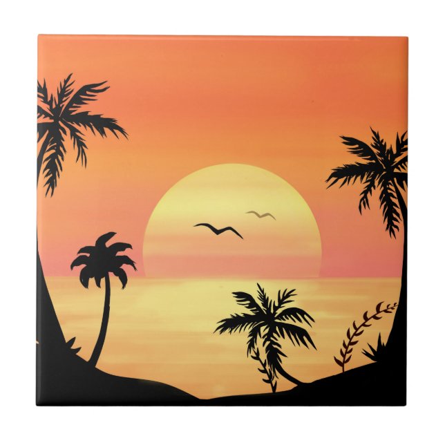 Azulejo Playa Tropical Palm Tree Silhouette Art (Frente)