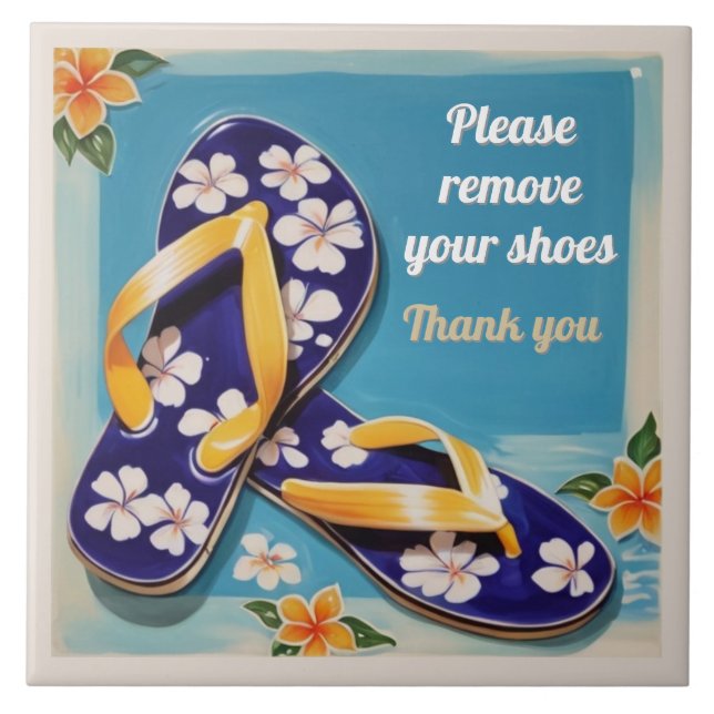 Azulejo Please Remove Shoes Sign Blue Hawaiian Flip Flops (Frente)