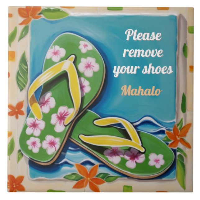 Azulejo Please Remove Shoes Sign Green Hawaiian Flip Flops (Frente)