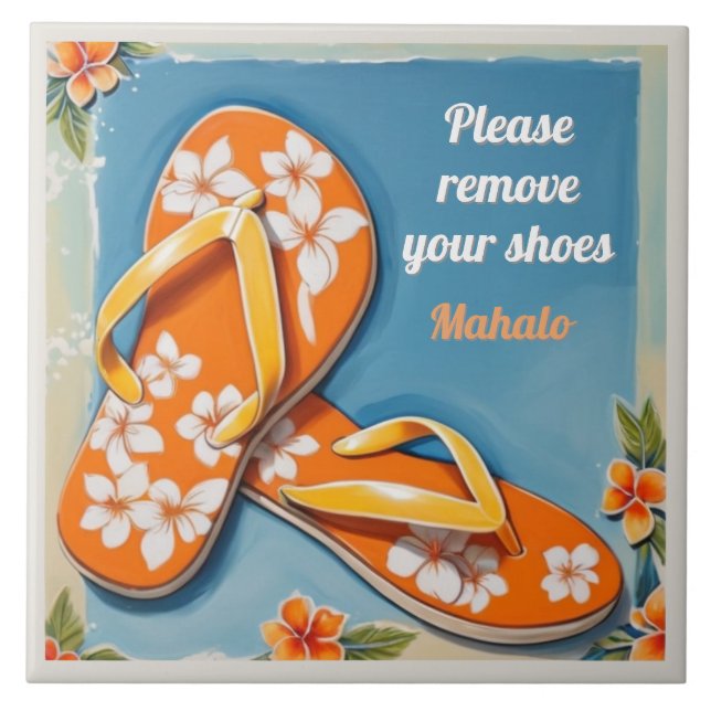 Azulejo Please Remove Shoes Sign Orange Hawaiian FlipFlops (Frente)