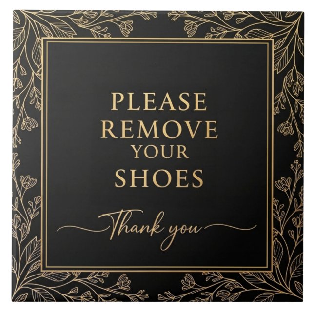 Azulejo Please Remove Your Shoes Sign black gold botanical (Frente)