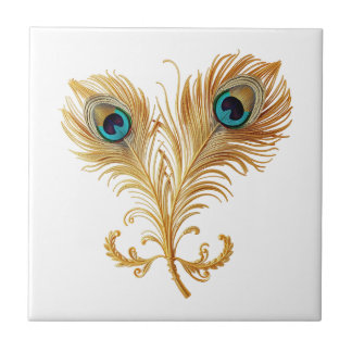Azulejo Pluma de ave de pavo real lujo dorado verde azulad