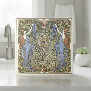 Azulejo Pluma de pavo real y Musas Arte Nouveau Pat#4 ID11
