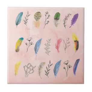 Azulejo Plumas de acuarela boho con dibujos de líneas flor