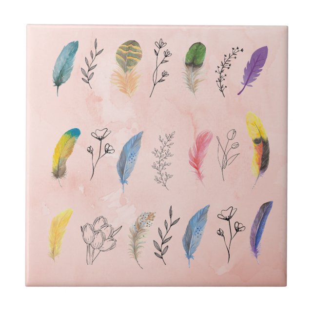Azulejo Plumas de acuarela boho con dibujos de líneas flor (Frente)