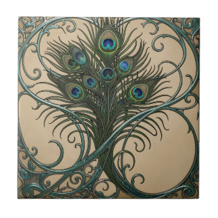 Azulejo Plumas de pavo real Art Nouveau Marco teal ornamen
