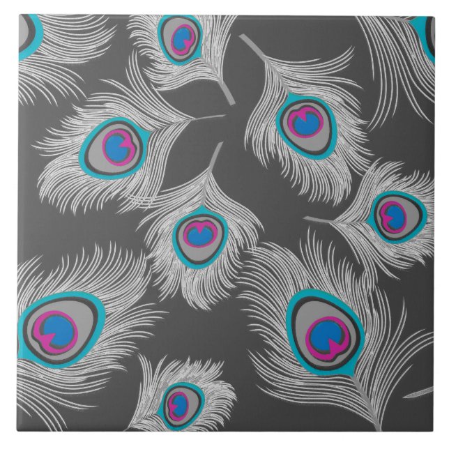 Azulejo Plumas de pavo real gris y gris plateado en gráfic (Frente)