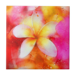 Azulejo Plumeria hawaiana en neón rosa, amarillo y blanco