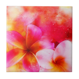 Azulejo Plumeria hawaiana en neón rosa, amarillo y blanco