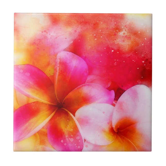 Azulejo Plumeria hawaiana en neón rosa, amarillo y blanco (Frente)