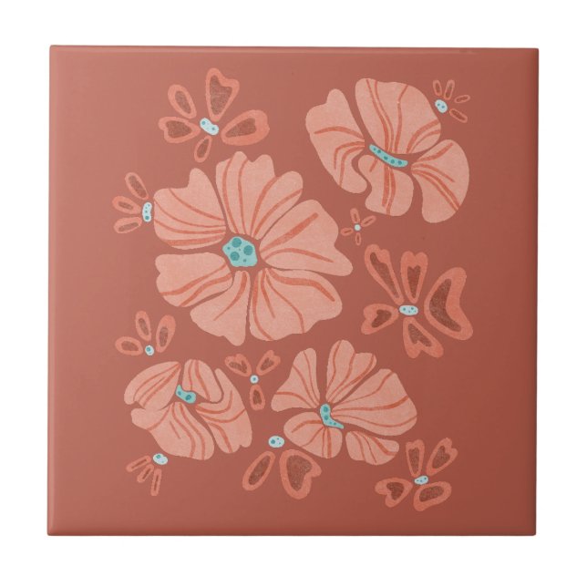 Azulejo Poder de flor rojo abstracto hippie (Frente)