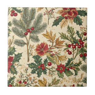 Azulejo Poinsettia Perenne Carmesí Vintage de Invierno