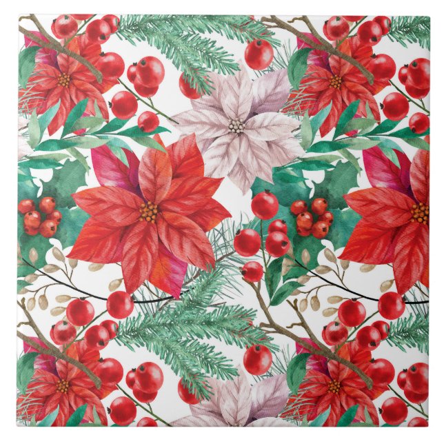 Azulejo Poinsettia, Pine Boughs y Red Berries (Frente)