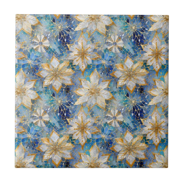 Azulejo Poinsettias de los Navidades Blue White Gold (Frente)