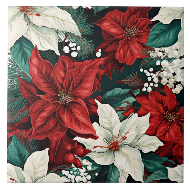 Azulejo Poinsettias, rojas y blancas, (Frente)