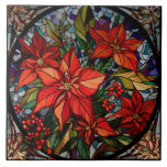 Azulejo Poinsettias y holly de estilo de vidrio con mancha<br><div class="desc">Lujosas y coloridas vidrieras de color joya estilo poinsettias rojas profundas y holly con follaje verde cazador y dorado y borde negro circular.</div>