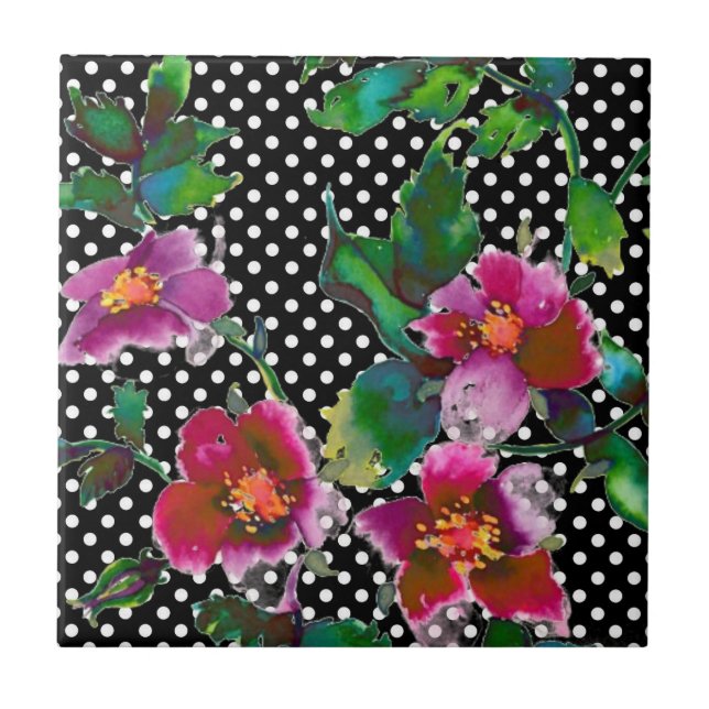 Azulejo Polka-puntos blanco/negro Rosa de época (Frente)