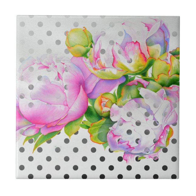 Azulejo Polkadots florales clásicos de peonía blanca rosa  (Frente)