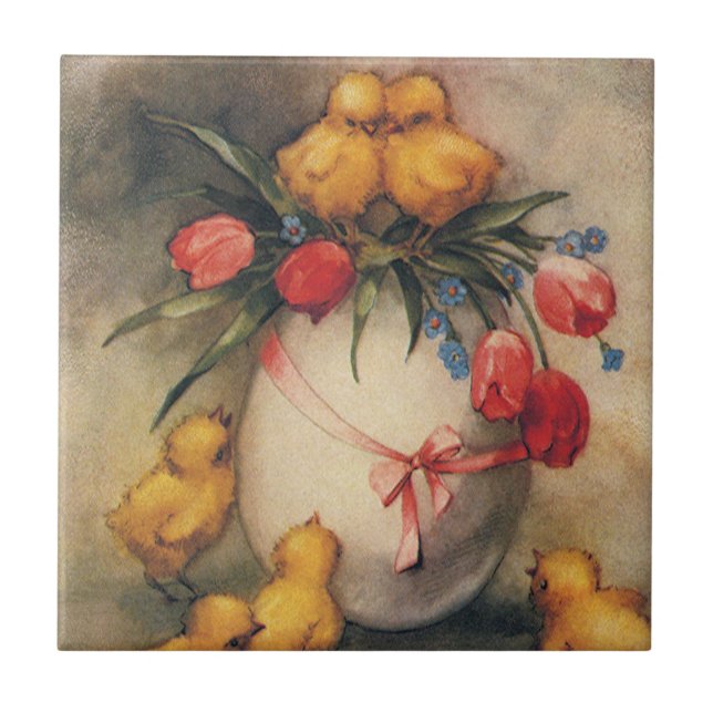 Azulejo Pollitos de Pascua vintage, huevo con flores de tu (Frente)