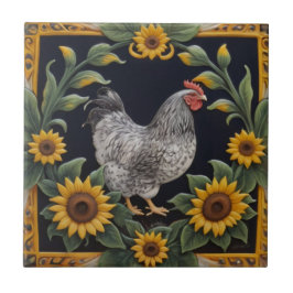 Azulejo Pollo Girasol - Gallina Gris y Girasoles