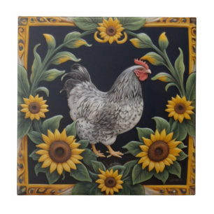 Azulejo Pollo Girasol - Gallina Gris y Girasoles