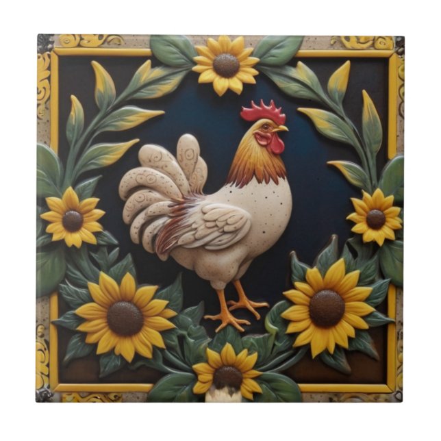 Azulejo Pollo Girasol - Gallina Marrón y Girasoles Amarill (Frente)
