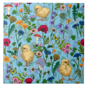 Azulejo Pollos y flores silvestres en azul bebé