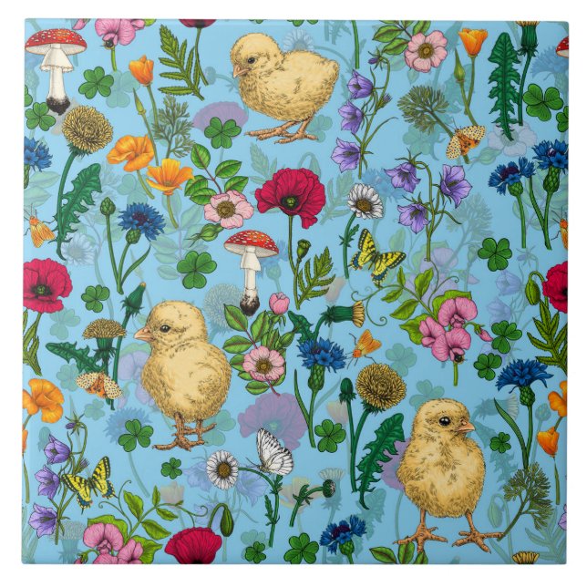 Azulejo Pollos y flores silvestres en azul bebé (Frente)