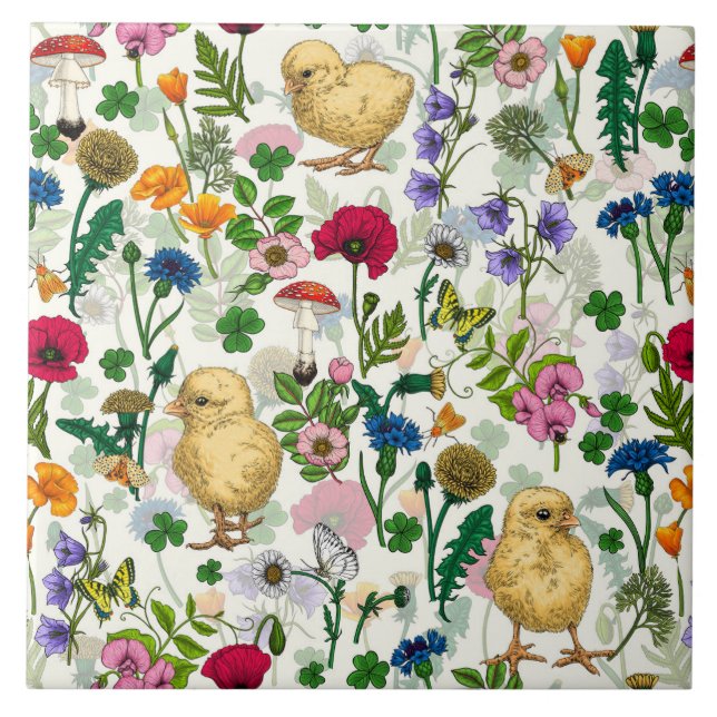Azulejo Pollos y flores silvestres en blanco roto (Frente)