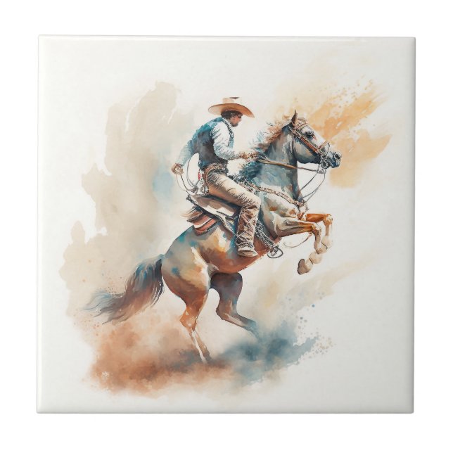 Azulejo Polvorienta acuarela occidental "Bucking Bronco" (Frente)