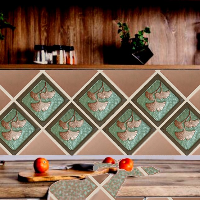Azulejo Ponente de opinión Gingko Leaf Ceramic Tile (Gingko tile shown on a kitchen backsplash installed diagonally.)