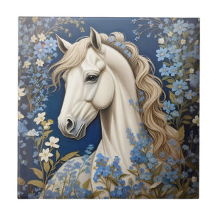 Azulejo Pony Blanco Elegante Y Olvidadme-Nots