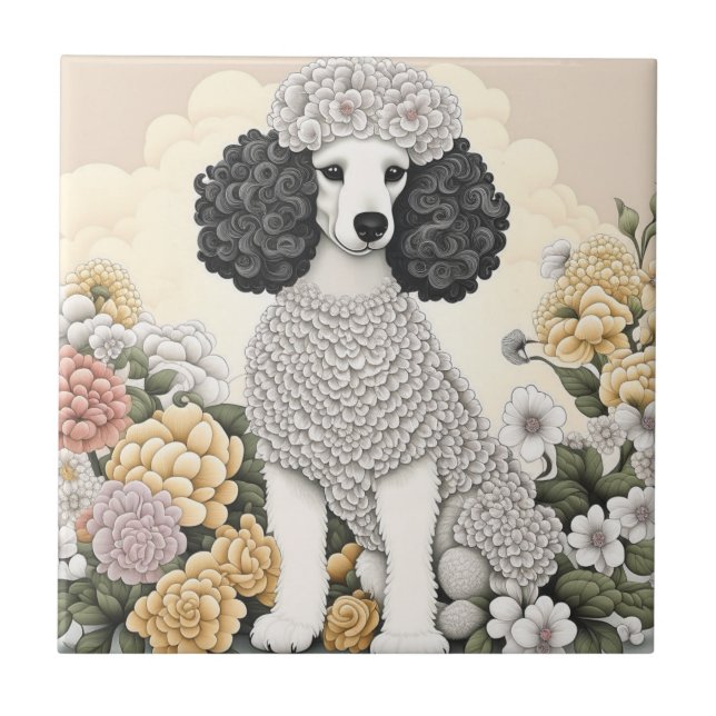 Azulejo Poodle en flores caprichosas (Frente)
