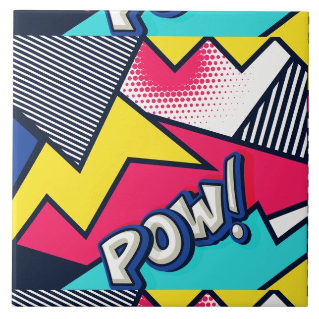 Azulejo ¡Pop Art Pow! Patrón en magenta, azul y negro (Frente)