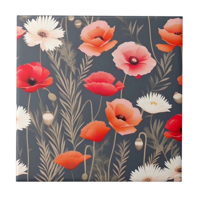 Azulejo Poppies florales oscuros y morenos (Frente)