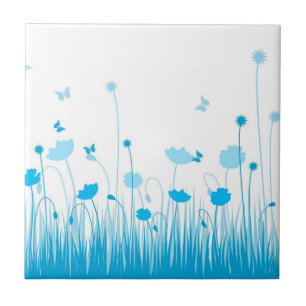 Azulejo Poppies minimalistas azul y blanco pradera floral
