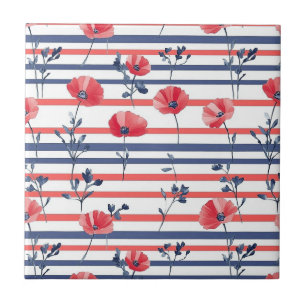 Azulejo Poppies rojos con hojas azules y patrón rayado 2