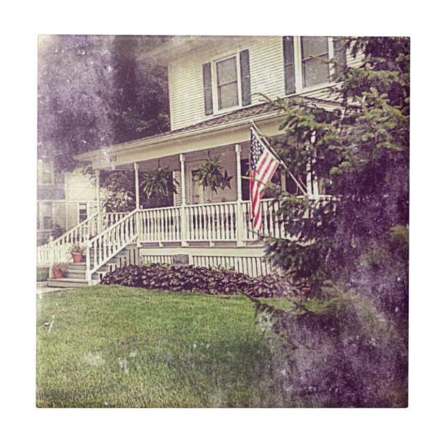 Azulejo Porche delantero y bandera estadounidense (Frente)