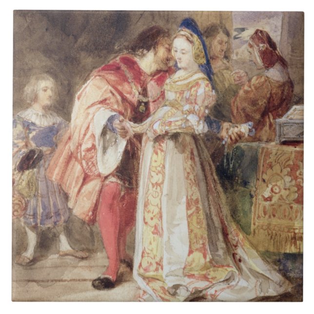 Azulejo Portia y Bassanio, c.1826 (w/c, tinta marrón, (Frente)