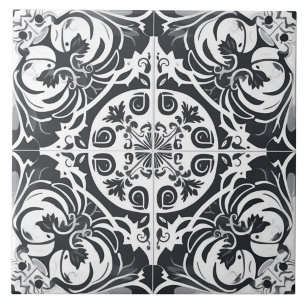 Azulejo portugués cerámico negro y blanco sin fisu