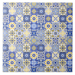 azulejo portugués de patrón azul y blanco amarillo