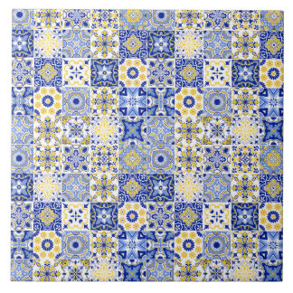 azulejo portugués de patrón azul y blanco amarillo