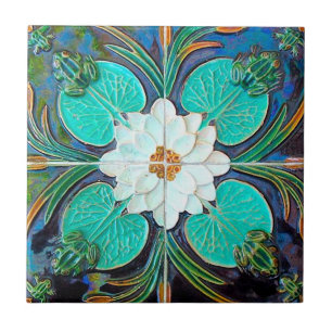 Azulejo portugués de rana loto azul vintage