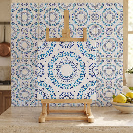 Azulejo Portugués Floral Blanco Azul Mandala