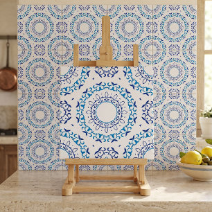 Azulejo Portugués Floral Blanco Azul Mandala