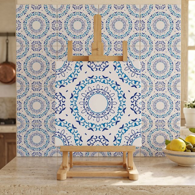 Azulejo Portugués Floral Blanco Azul Mandala (Subido por el creador)