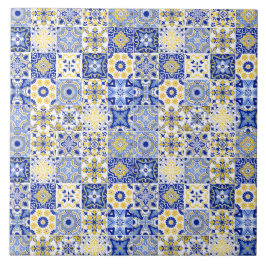 Azulejo portugués majólico mosaico azul y amarillo